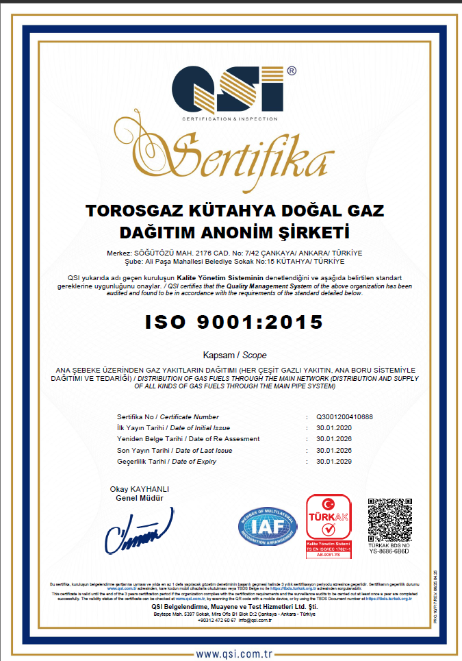 Torosgaz Kütahya ISO 9001 Sertifikası